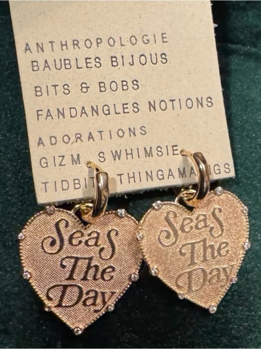 Anthropologie Gold Heart 'Seas The Day' Earrings w/makeup bag & essentials *new
